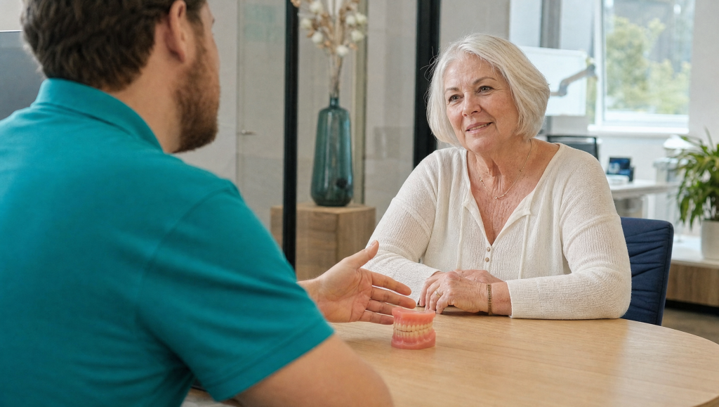 Eezy-specialist bespreekt een kunstgebit met een patient