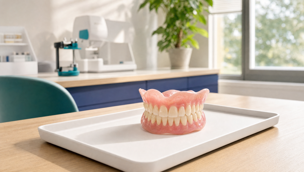 Volledig kunstgebit op een tray in de kliniek
