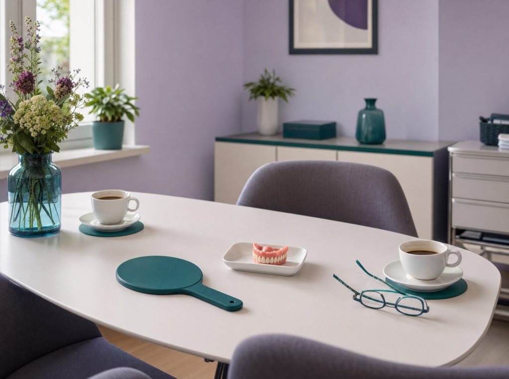 Consulttafel met spiegel en koffie, klaar voor een gratis intake