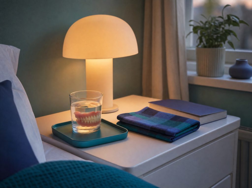 Kunstgebit in glas water op het nachtkastje