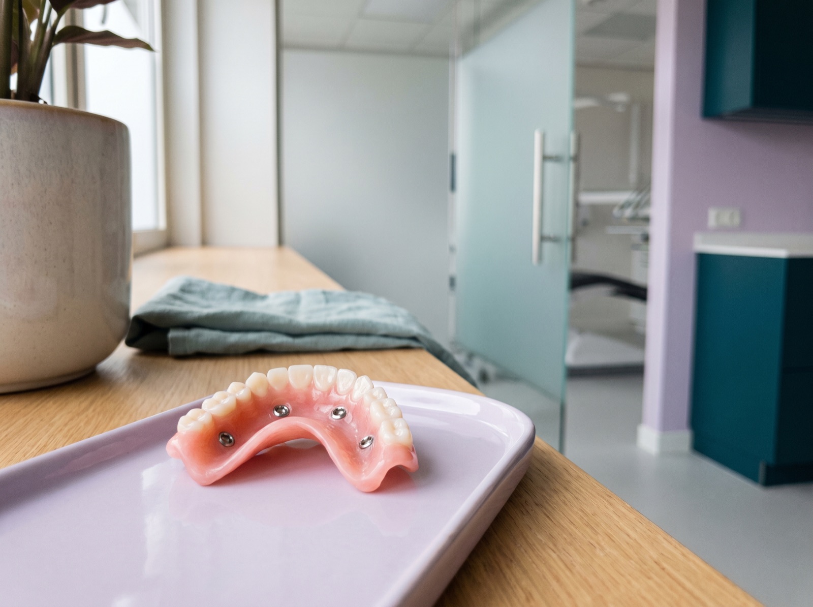 Klikgebit voor de bovenkaak zonder gehemelteplaat, met drukknoppen
