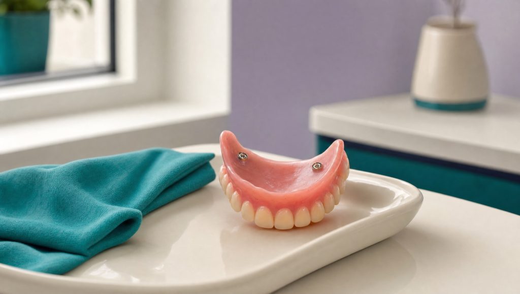 Klikgebit met drukknoppen op implantaten, van onderen gezien