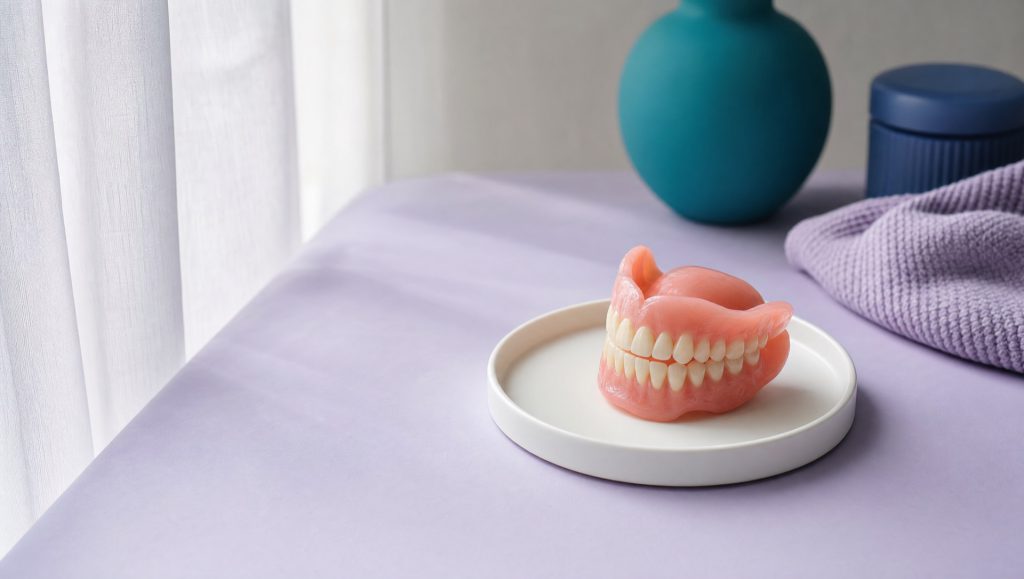 Volledig kunstgebit op een porseleinen tray in zacht daglicht