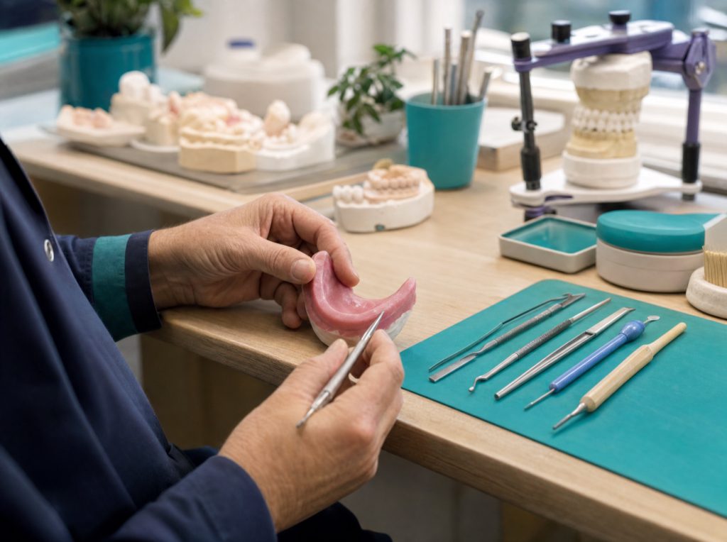 Tandtechnicus werkt met de hand aan een kunstgebit in het eigen lab
