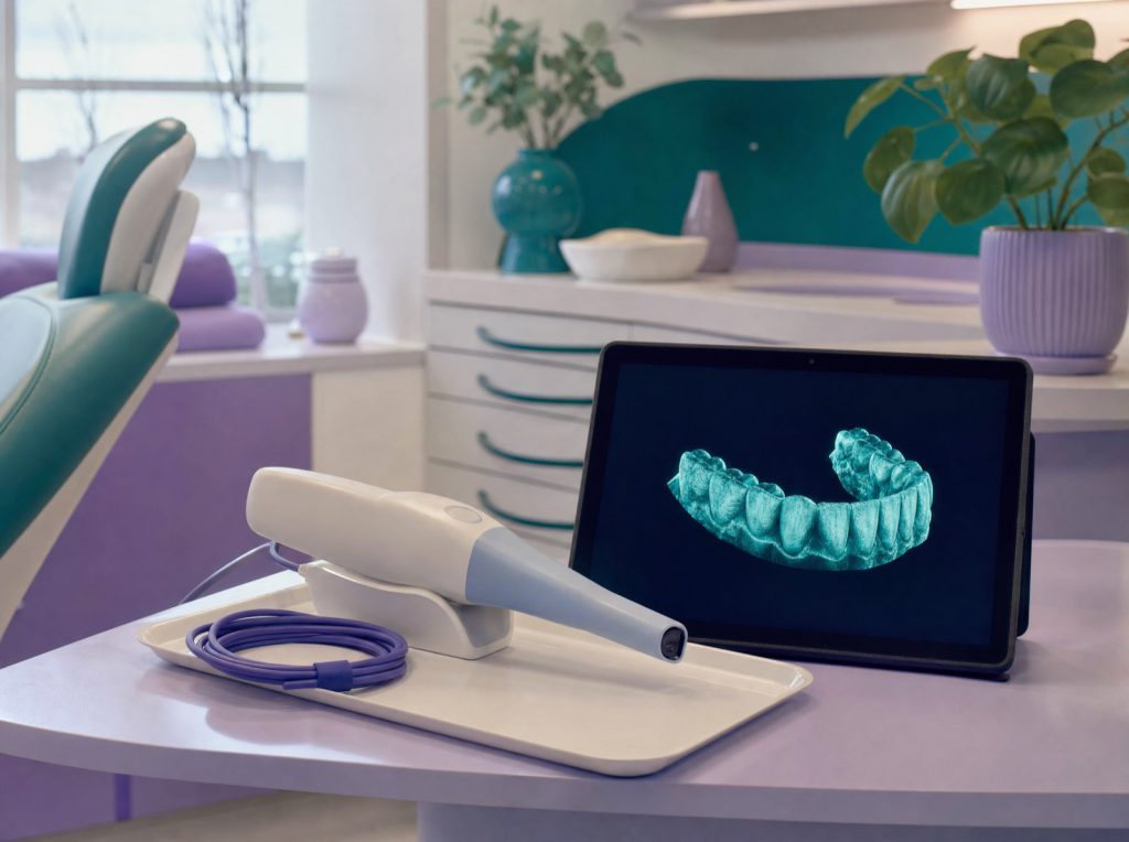Digitale mondscanner met 3D-scan van een gebit op tablet